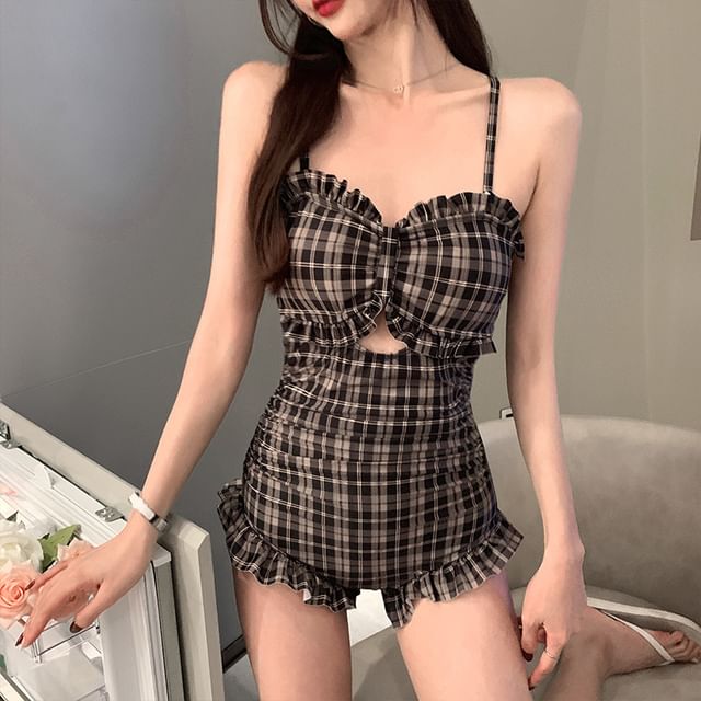 Sabbia-Spaghetti Strap Plaid Ruffle Cutout Swimsuit
