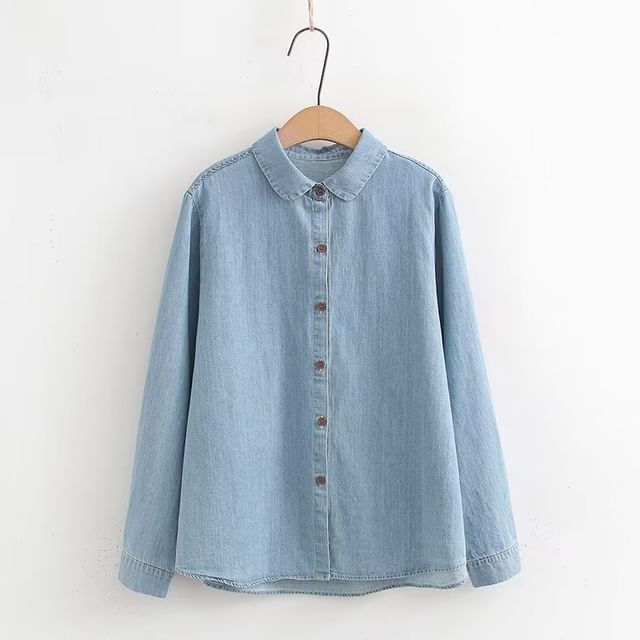 PANDAGO-Long Sleeve Collared Washed Denim Shirt