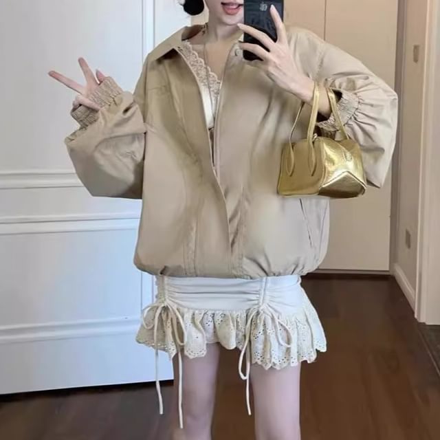 Trendycas-Collared Plain Zip-Up Jacket High Waist Eyelet Lace Panel Drawstring Mini Mermaid Skirt
