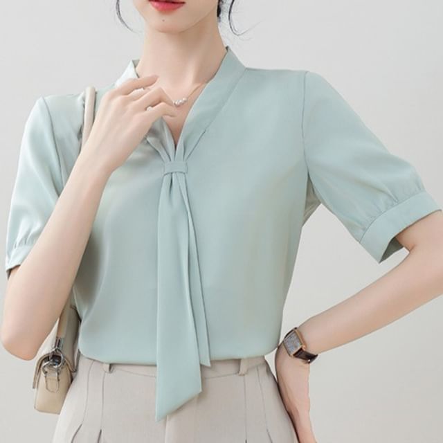 Dragan Pulse-Short-Sleeve Scarf Neck Plain Blouse