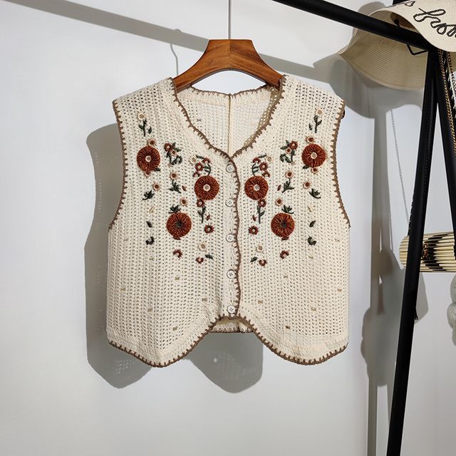 Mackwi - Flower Embroidered Button-Up Crochet Knit Vest | YesStyle