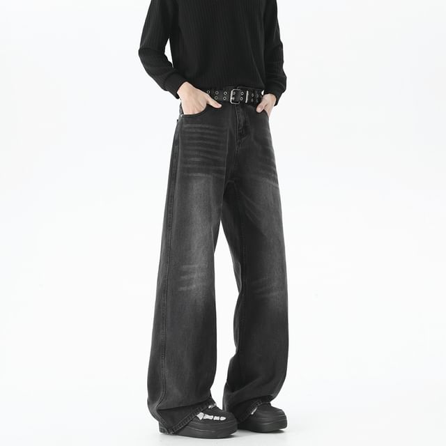 YERGO-Mid Rise Washed Straight Leg Jeans