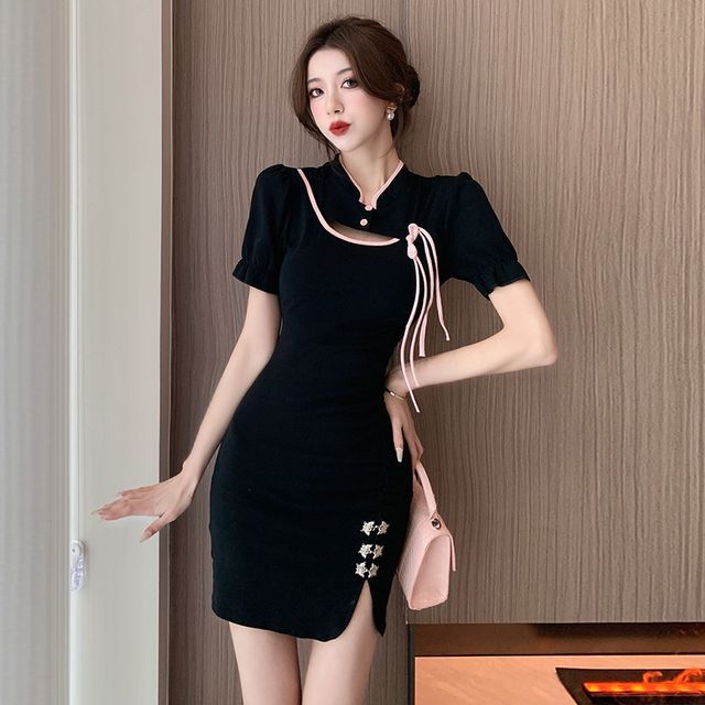 tight short dress sexy Hot Girl Slim Square Neck Dress Short Sleeve Sexy Drawstring Tight Sho –  PreppyDress main image 1