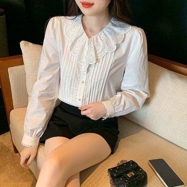 Dragan Pulse-Long Sleeve Ruffle Collar Plain Pintuck Blouse