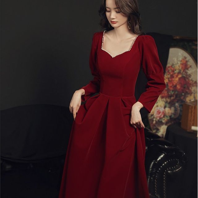Mackizin - Long-Sleeve Sweetheart Neck Plain Faux Pearl Pleated Velvet  A-Line Evening Gown | YesStyle