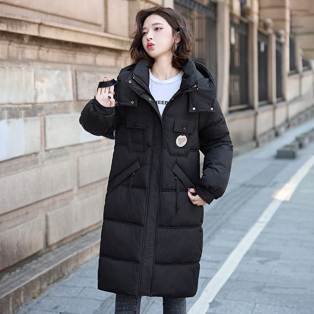 Sienne-Stand Collar Plain Hood Midi Zip Puffer Coat