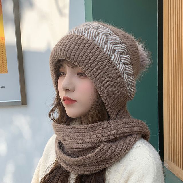 FROME-Striped Panel Pom Pom Beanie