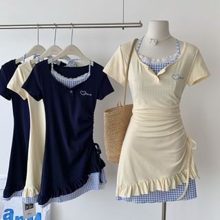 Dute Mock Two-Piece Short-Sleeve Scoop Neck Heart Embroidered Plaid Panel Drawstring Mini Sheath