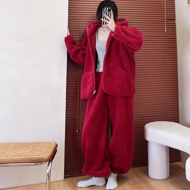 GOUB-Pajama Set Plain Zip-Up Hoodie Pants
