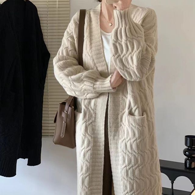 Odestra-Twist Knit Plain Open Front Long Cardigan