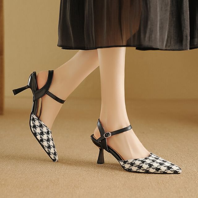 Freesia-Kitten Heel Houndstooth Pointed Sandals