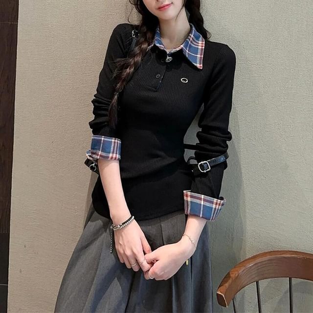 Iduna-Long-Sleeve Collar Plain Plaid Panel Tee
