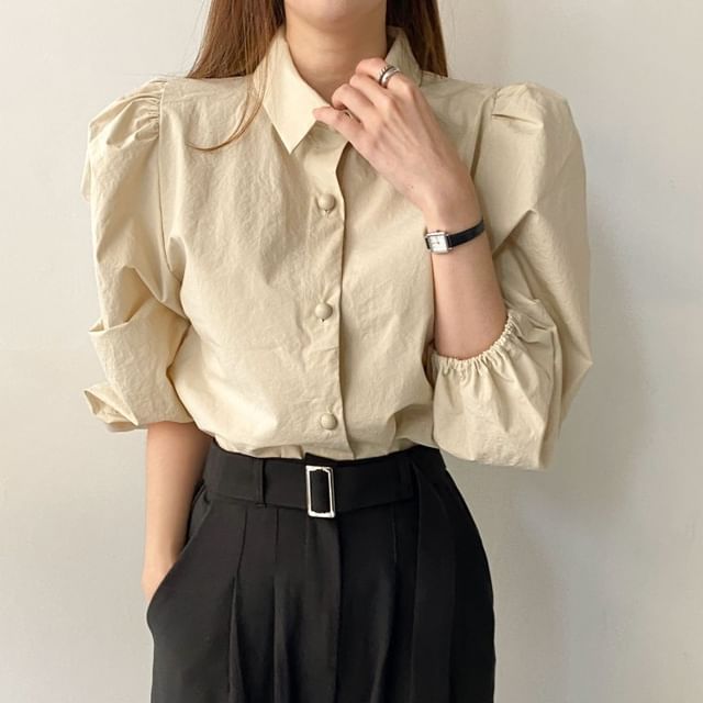 HYAKU-Puff-Sleeve Button-Up Plain Blouse