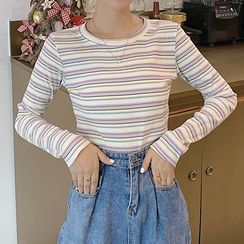 Fashion Street - 條紋羅紋長袖上衣 Fashion Street - 條紋羅紋長袖上衣