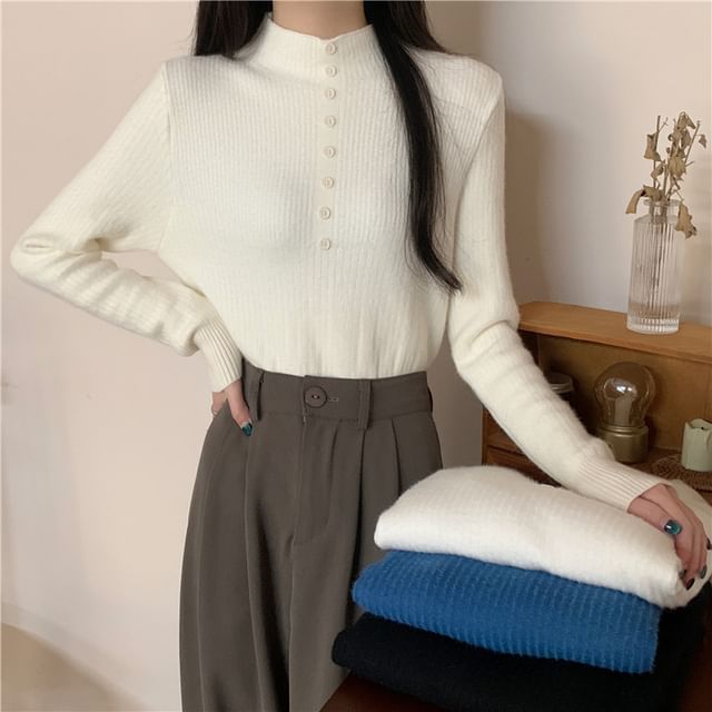 OGAWA-Long-Sleeve High Neck Plain Ribbed Knit Top