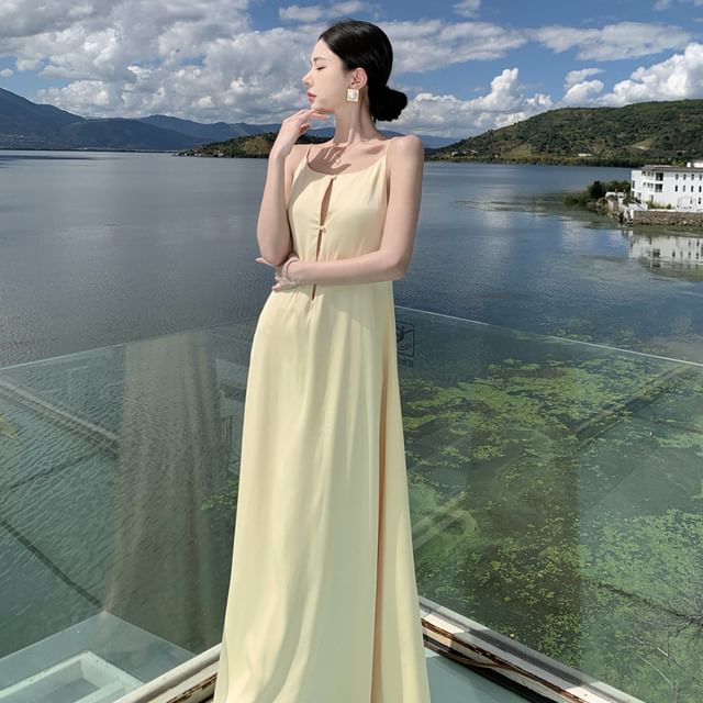 Moanum - Spaghetti Strap Plain Cutout Backless Maxi A-Line Dress | YesStyle Moanum - Spaghetti Strap Plain Cutout Backless Maxi A-Line Dress | YesStyle