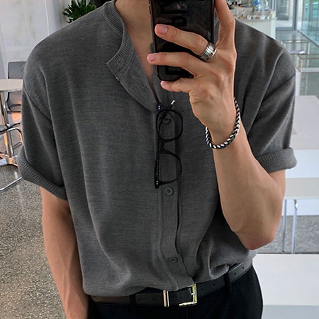 Omozando-Elbow-Sleeve Button-Up Knit Top