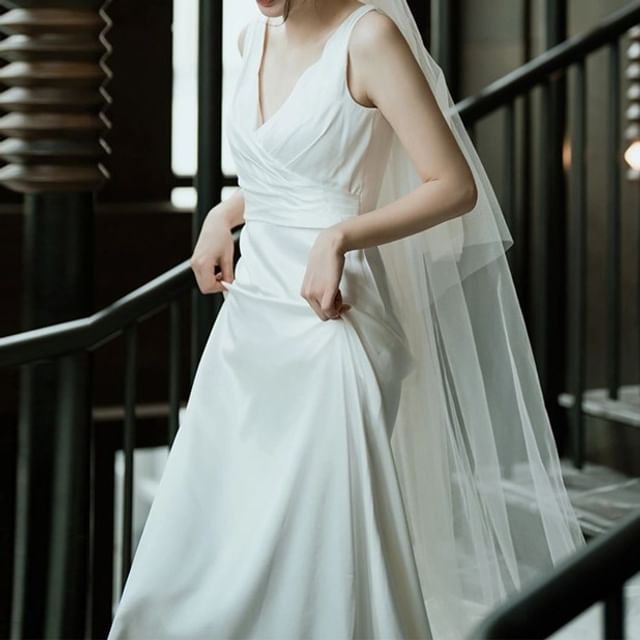 DreesHouse-Sleeveless V-Neck Plain A-Line Evening Gown