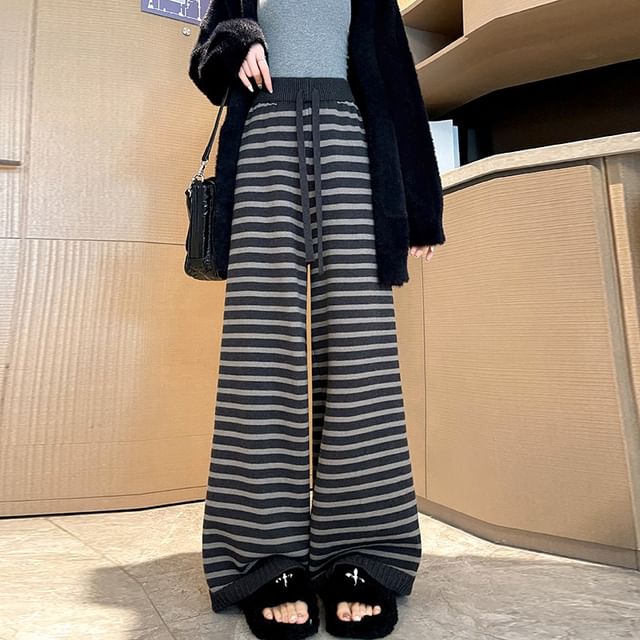 Magimomo-Drawstring Waist Striped Knit Baggy Pants