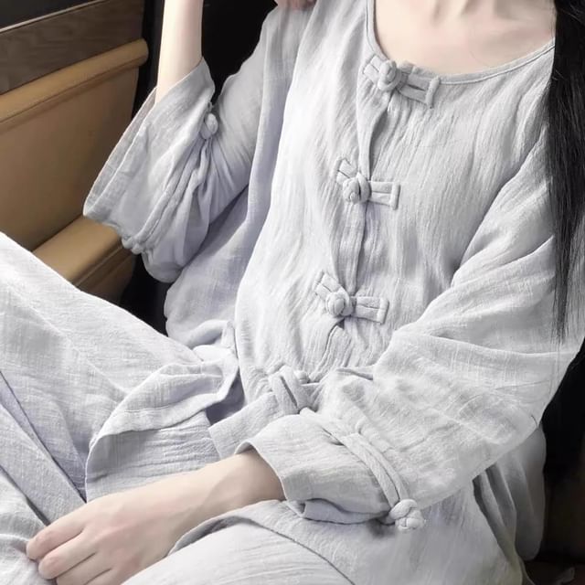 GOUB-Pajama Set Long-Sleeve Plain Frog-Button Shirt Pants