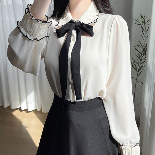 MyFiona - Piped Frill-Edge Blouse with Sash | YesStyle