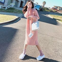 lilygirl - Long-Sleeve Hooded Plain Knit Dress
