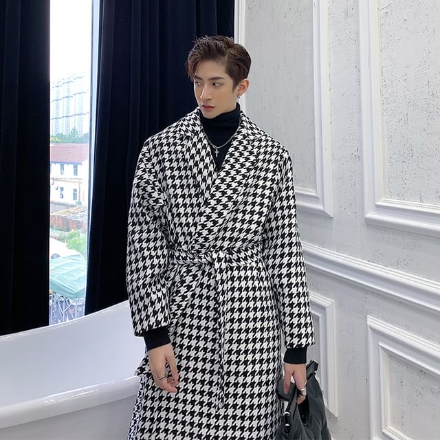 Orungeetun-Long-Sleeve Houndstooth Trench Coat