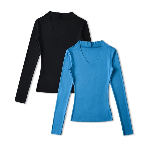 Asiris-Long Sleeve V-Neck Plain Top