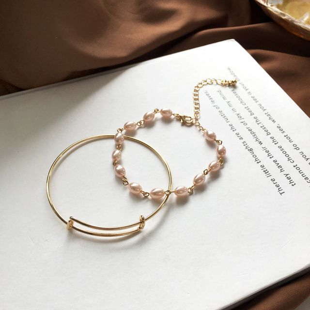 Chimerro-Alloy Bangle Faux Pearl Bracelet