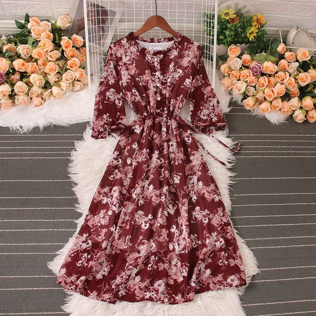 Yolandus - Puff-Sleeve Floral Print Ruffled Button-Up Midi A-Line Dress |  YesStyle