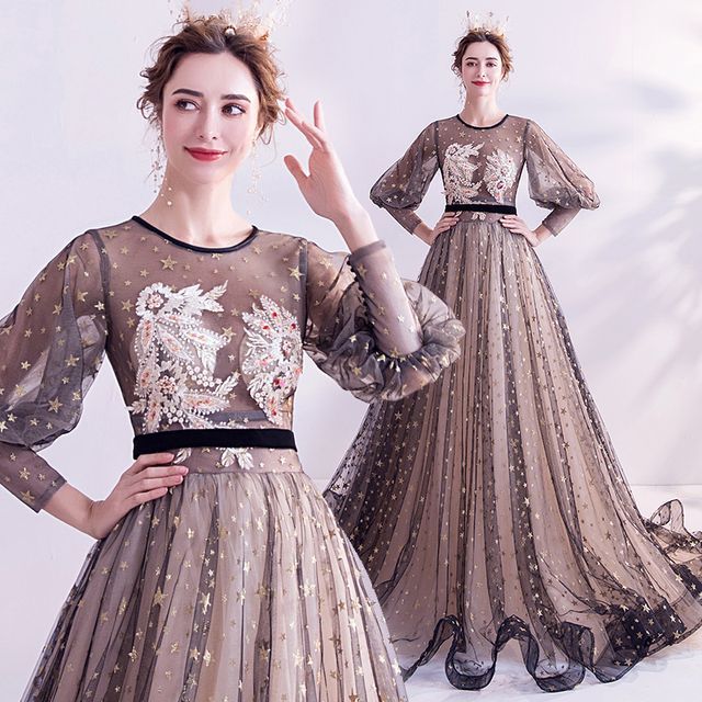 Star Embroidered Lantern-Sleeve A-Line Evening Gown