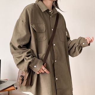 Plummie-Long-Sleeve Plain Shirt Jacket