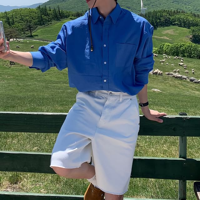 Okwano-Long Sleeve Plain Button Up Shirt