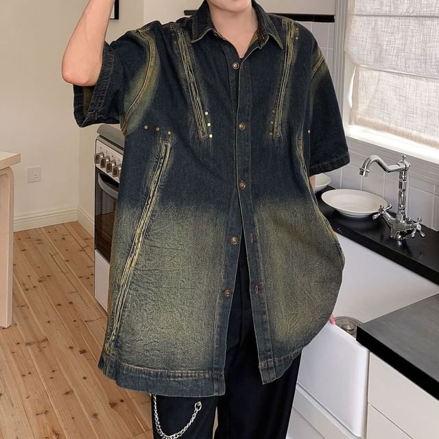 Hushgrain-Short Sleeve Button Up Denim Shirt