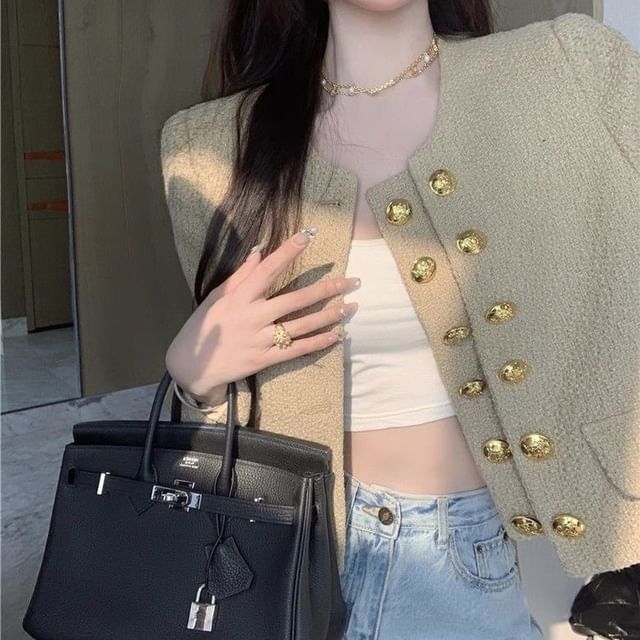 Metonymph-Long Sleeve Round Neck Button Up Cropped Tweed Jacket