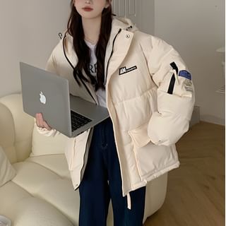 Okalpis Plain Long-Sleeve Letter Print Oversized Down Coat Sale