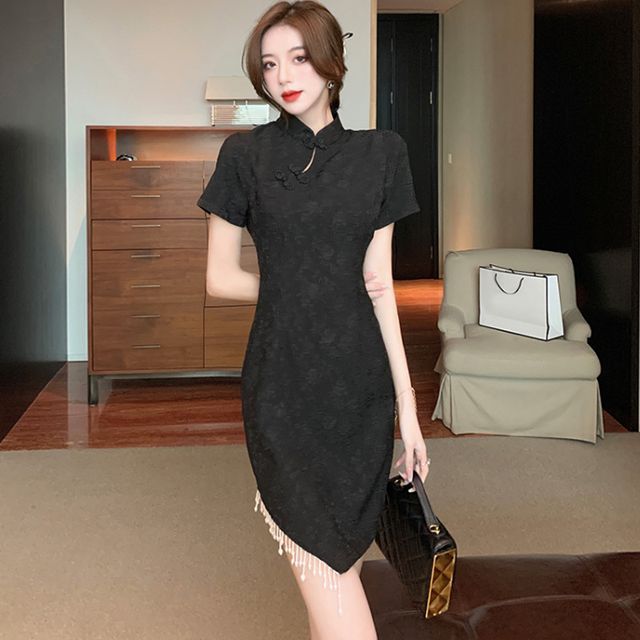 Rorah - Short-Sleeve Mandarin Collar Beaded Fringe Asymmetrical Jacquard  Sheath Dress | YesStyle