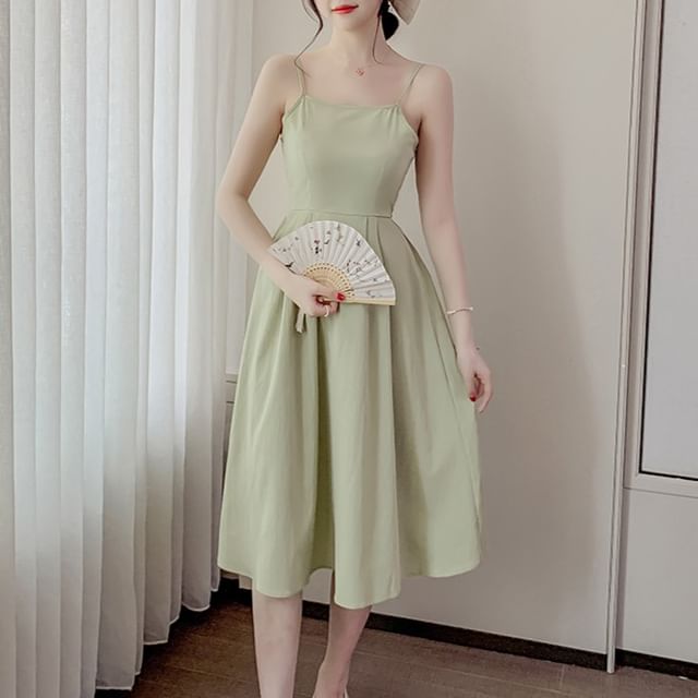 Dragan Pulse-Puff-Sleeve Plain Light Jacket Spaghetti Strap Midi A-Line Dress