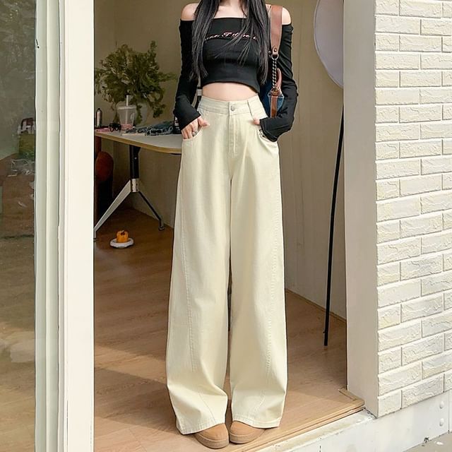 Denimot-High Waist Plain Wide Leg Jeans