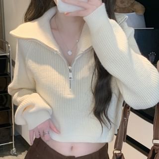 Beem-Long-Sleeve Half Zip Plain Crop Sweater