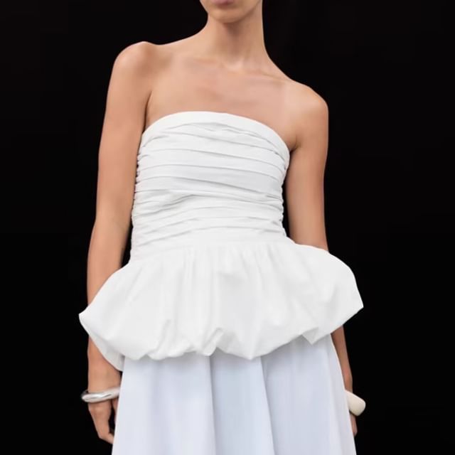 Sosana-Plain Ruched Bubble Hem Tube Top