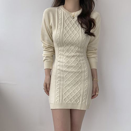 ISMY - Crew Neck Plain Cable Knit Mini Sheath Sweater Dress