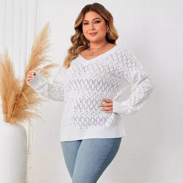 PlusPretty-Long Sleeve V-Neck Plain Pointelle Knit Top