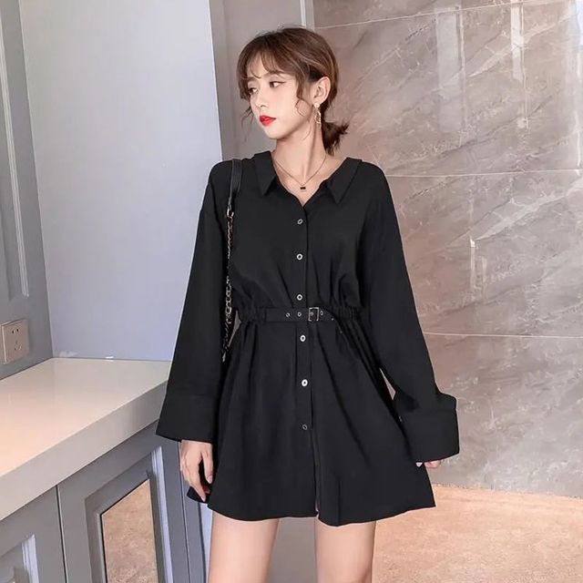 Everose-Long-Sleeve Button-Up Mini Collared Dress