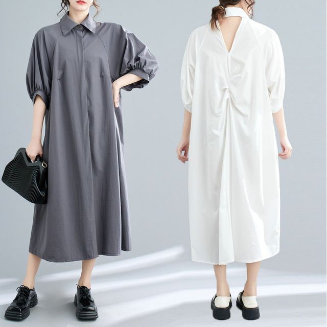 GleeAir - Puff-Sleeve Plain Open Back Midi Shirt Dress