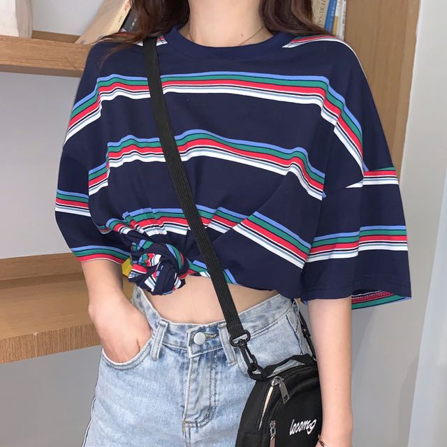 Everose-Elbow-Sleeve Striped T-Shirt