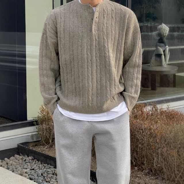 Omozando-Henley Plain Cable-Knit Sweater