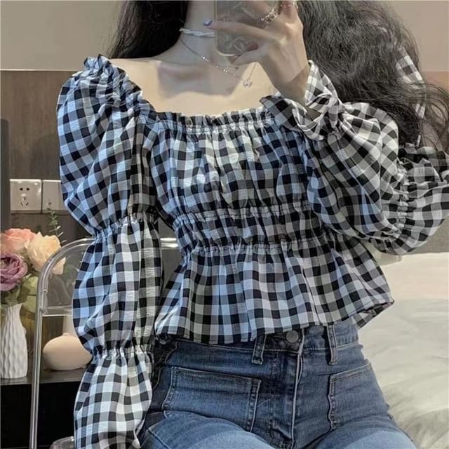 Sisyphi-Puff-Sleeve Square-Neck Gingham Ruffled Blouse