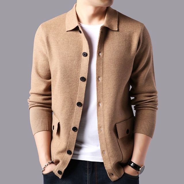FORSETI-Collared Plain Button-Up Cardigan