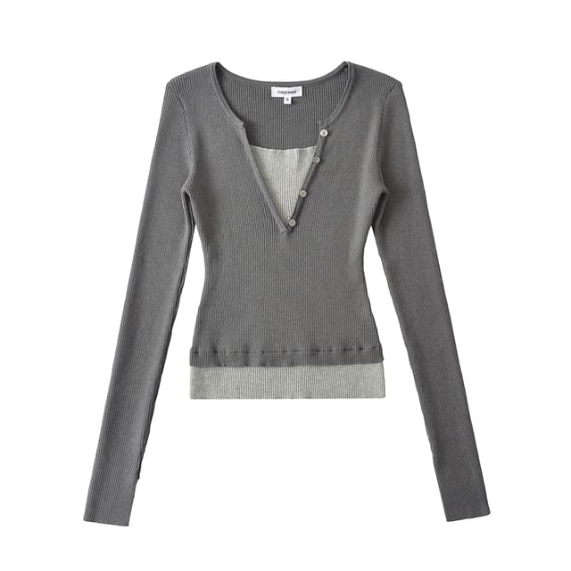 Ulark-Long-Sleeve Two Tone Mock Two-Piece Ribbed Knit Top